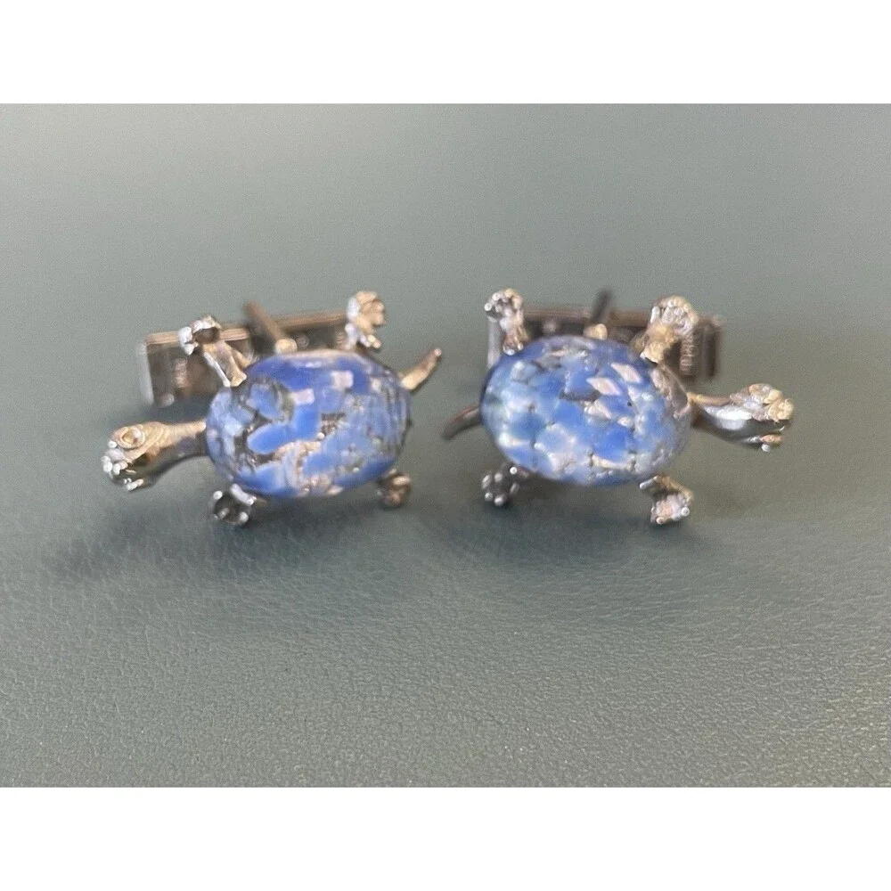 Vintage Judy Lee Cuff Links Blue Glass Domes Turtles Tortoise Silver Tone